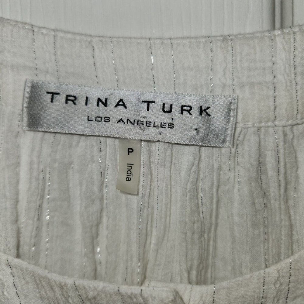 Trina Turk White Metallic Stripe Peasant Cotton Top Dolman Sleeve Pockets Size P - Picture 2 of 6